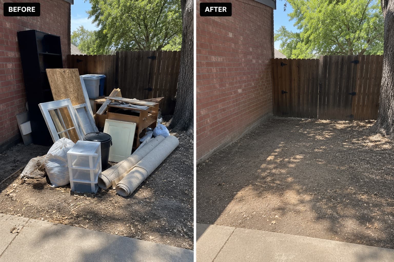 Junk removal before and after — side-yard cleanup